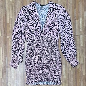 AFRM x Revolve Pink Zebra Mini Dress Size XS Long Sleeve Smocked Bodycon Party